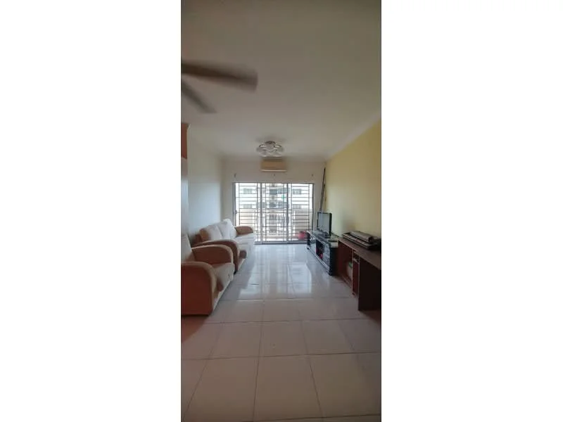 Living features: 3-seater fabric sofa in cream, floor-to-ceiling windows, sliding glass door, white walls, ceiling fan, wall-mounted TV, TV console, glossy white tile flooring, natural light from windows, decorative ceiling light; style: modern; view: city.