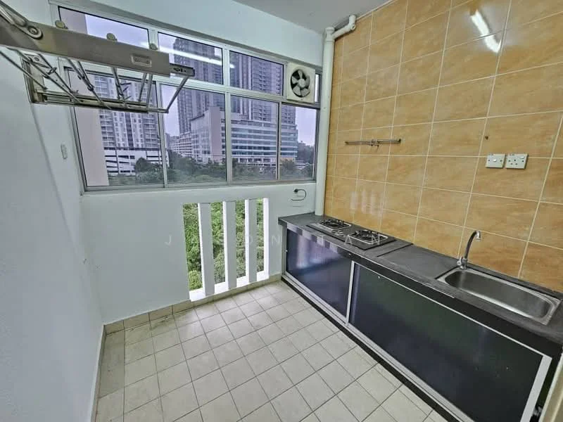 Kitchen features: single-bowl stainless-steel sink, chrome pull-down faucet, 2-burner gas hob, black countertop, wood cabinetry, tile backsplash, cream tiled walls, grey tiled flooring, floor-to-ceiling windows, view of city skyline, exhaust fan, open balcony; style: modern; view: city.