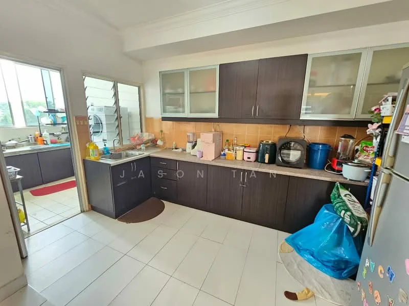 Kitchen features: dark wood cabinetry, light-colored countertop, stainless-steel fridge, built-in oven, microwave, kettle, toaster, sink, chrome pull-down faucet, ceramic tile flooring, window with sheer curtains, various kitchen appliances, cluttered countertop, open shelving; style: modern.