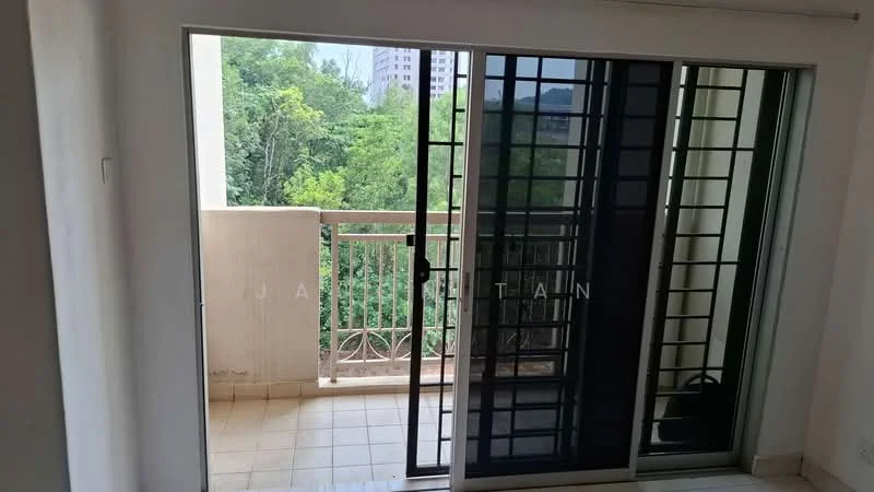 Room features: sliding glass door, balcony with railing, tiled flooring, greenery view, white painted walls, large windows, screen door; view: garden.