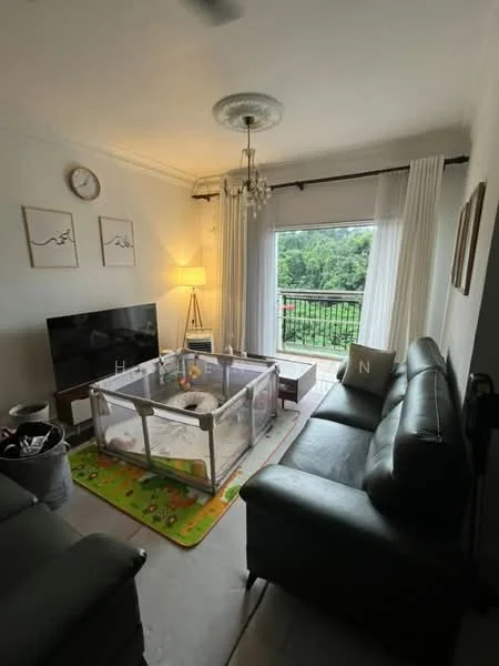 Living features: 3-seater leather sofa, 2-seater leather sofa, coffee table, TV console, wall-mounted TV, area rug, floor-to-ceiling windows, sheer curtains, chandelier, decorative wall clock, framed artwork, greenery view; style: modern; view: garden.