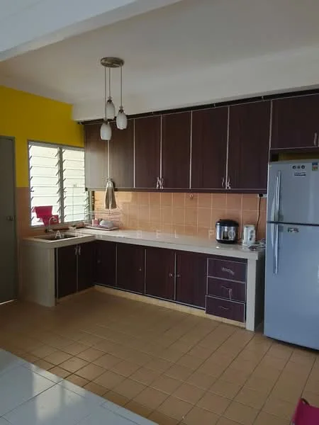 Kitchen features: dark wood cabinetry, white countertop, orange tile backsplash, stainless-steel fridge, built-in oven, microwave, kettle, pendant lighting, single-bowl stainless-steel sink, chrome pull-down faucet, ceramic tile flooring, window with horizontal slats, open shelving, kitchen island, wall-mounted cabinets; style: modern.