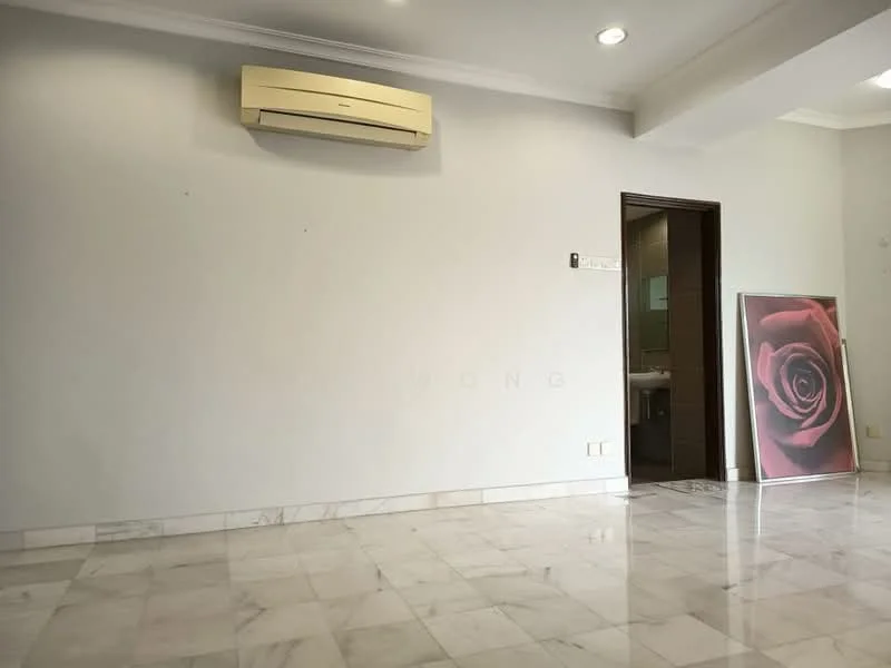 Room features: marble flooring, white painted walls, ceiling with crown moulding, wall-mounted split AC, doorway leading to another room, decorative wall art, recessed lighting; style: modern.