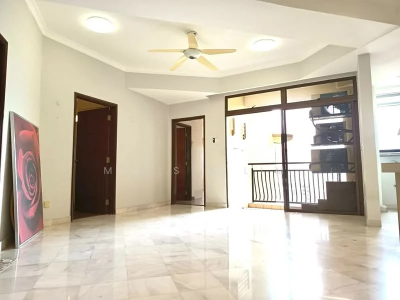 Living features: marble flooring, white painted walls, tray ceiling, 5-blade ceiling fan, floor-to-ceiling windows, sliding glass door, balcony access, decorative artwork, natural light, open layout; style: modern.