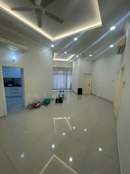 Living features: glossy tile flooring, white painted walls, recessed ceiling with LED lighting, 5-blade ceiling fan, floor-to-ceiling windows with sheer curtains, air conditioning unit, neutral color scheme, open layout, decorative wall paneling; style: modern.