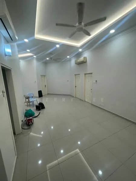 Room features: white painted walls, glossy ceramic tile flooring, recessed LED downlights, 5-blade ceiling fan, air conditioning unit, multiple doors, cleaning vacuum, plastic chair; style: modern.