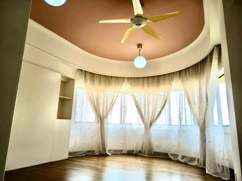 Room features: curved ceiling with pink paint, 5-blade ceiling fan, large windows with sheer curtains, wooden flooring, built-in shelving unit, light fixtures with blue glass shades, natural light from windows; style: modern; view: city.