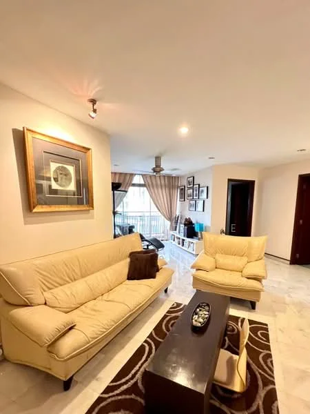 Living features: cream leather sofa, 2-seater cream leather armchair, dark wood coffee table, area rug with geometric pattern, marble flooring, recessed ceiling lights, wall-mounted TV, curtains, framed artwork on wall, decorative items on shelves; style: modern.