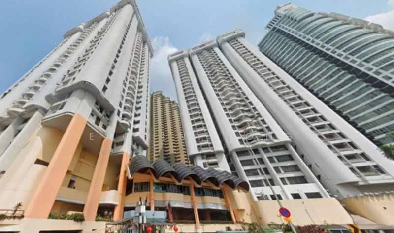 Exterior type: high-rise condominium; features: glass curtain wall, white painted facade, cream painted facade, recessed balconies, multiple storeys, architectural overhang, surrounded by urban landscape, modern design elements; style: modern.