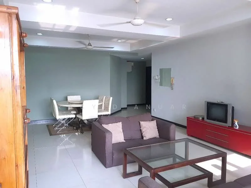 Living features: 3-seater fabric sofa in brown, glass coffee table, TV console in red, wall-mounted TV, ceiling fan, white walls, tile flooring, recessed downlights; style: modern. Dining features: 4-seater dining table, upholstered dining chairs, white walls, tile flooring; style: modern.