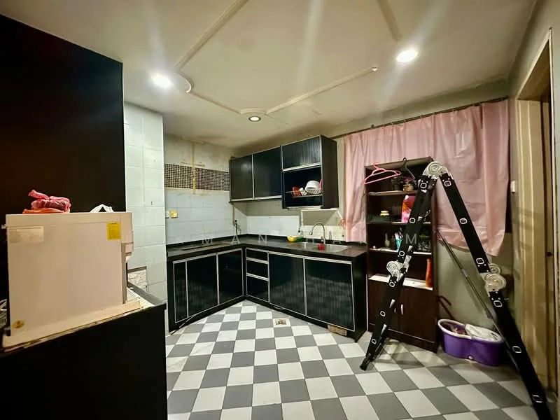 Kitchen features: black cabinetry with textured finish, white countertop, stainless-steel sink, chrome faucet, built-in oven, freestanding refrigerator, black and white checkered flooring, exposed ductwork, window with mesh screen, pink curtain, open shelving unit, ladder, kitchen appliances visible; style: modern.