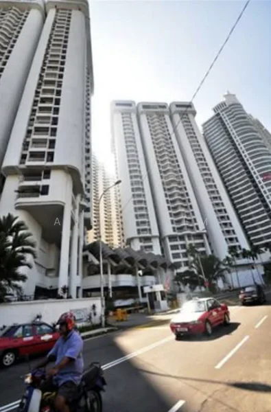 Exterior type: high-rise condominium; features: glass curtain wall, white painted facade, multiple projecting balconies, approximately 20-storey high-rise, manicured landscaping, paved walkway, surrounded by mature greenery, urban context with main road access; style: modern.
