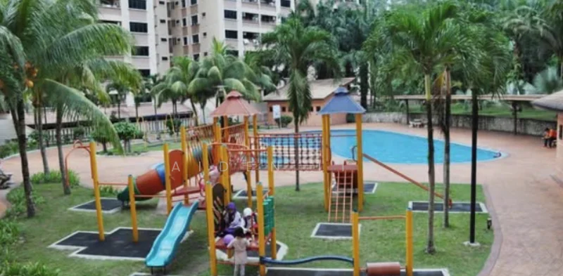 Exterior type: landscape garden; features: children's playground with slides and climbing structures, swimming pool, manicured lawn, palm trees, tropical landscaping, paved walkway, covered seating area; style: tropical-modern.