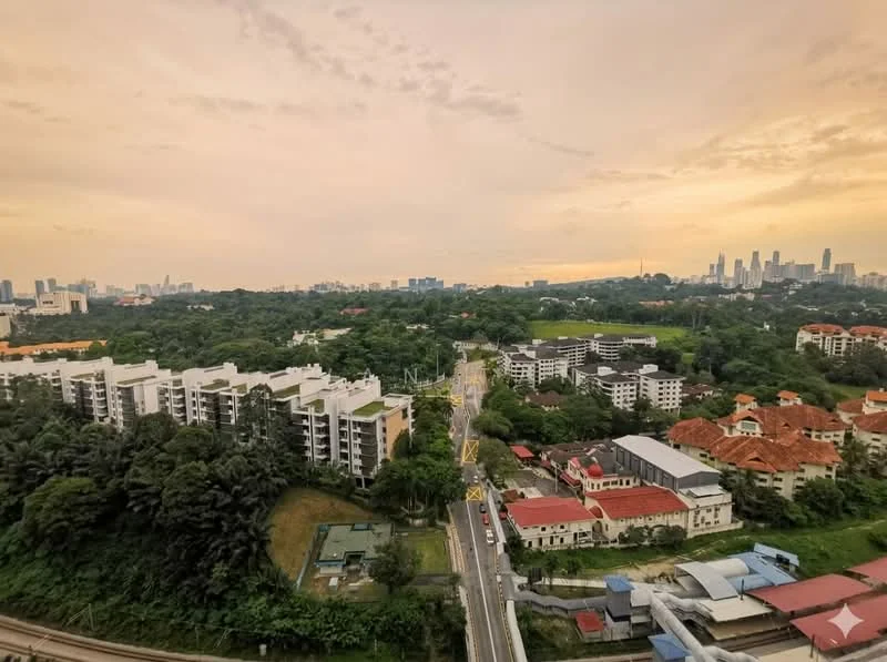 Exterior features: city skyline view, surrounded by greenery, residential buildings in foreground, road visible, urban landscape, mixed architecture styles; style: modern.