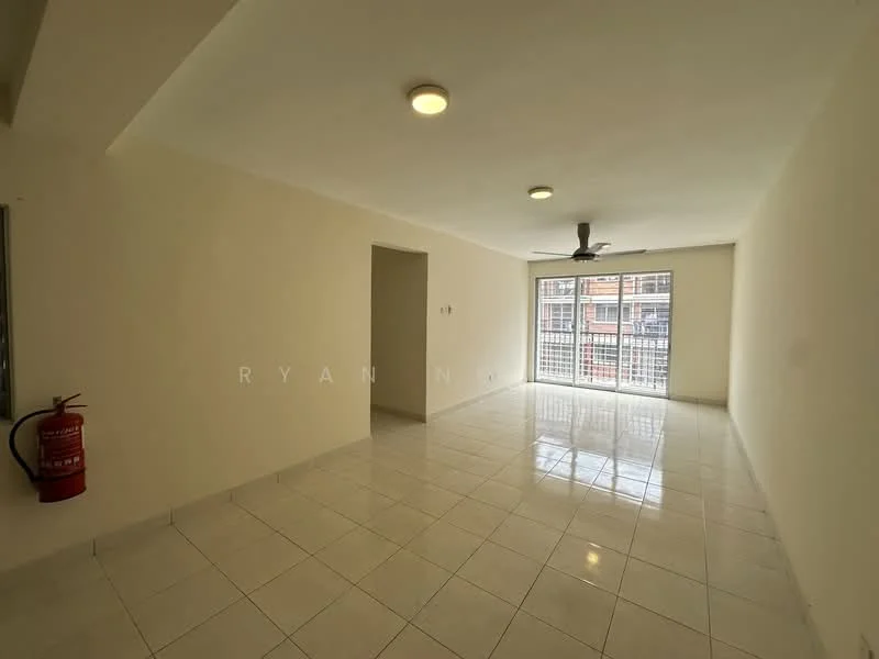 Living features: white painted walls, glossy white tile flooring, 5-blade ceiling fan, large sliding glass windows, natural light from windows, fire extinguisher mounted on wall, recessed ceiling lights; style: modern.