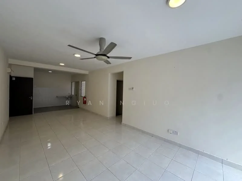 Living features: white painted walls, glossy ceramic tile flooring, 5-blade ceiling fan, recessed downlights, large window, open layout, neutral color scheme, fire extinguisher on wall; style: modern. Kitchen features: white painted walls, ceramic tile flooring, stainless-steel sink, wall-mounted cabinets, countertop space, kitchen area with plumbing; style: modern.