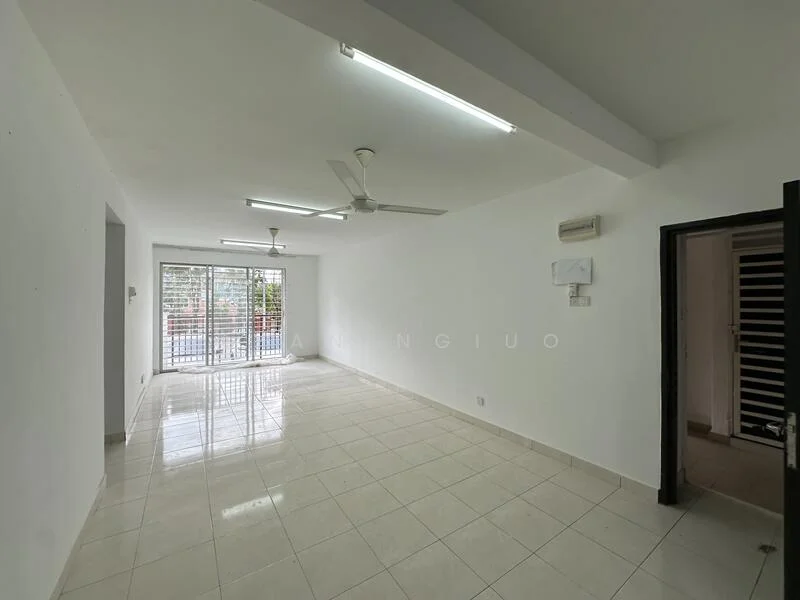 Living features: white painted walls, glossy ceramic tile flooring, 2 ceiling fans, recessed LED downlights, sliding glass door, floor-to-ceiling windows, natural light, open layout; style: modern; view: garden.