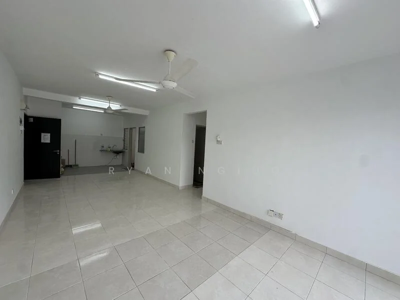 Room features: white painted walls, tile flooring, ceiling lights, 2 ceiling fans, open layout, large windows, neutral color scheme, no visible furniture; style: modern.