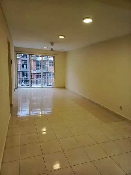 Living features: cream painted walls, glossy ceramic tile flooring, recessed LED downlights, 5-blade ceiling fan, floor-to-ceiling windows, sliding glass door, natural light from windows, open layout; style: modern.