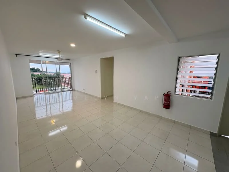 Living features: white painted walls, glossy ceramic tile flooring, recessed downlights, sliding glass door, floor-to-ceiling windows, fire extinguisher, ceiling fan, balcony access, natural light, neutral color scheme; style: modern; view: garden.