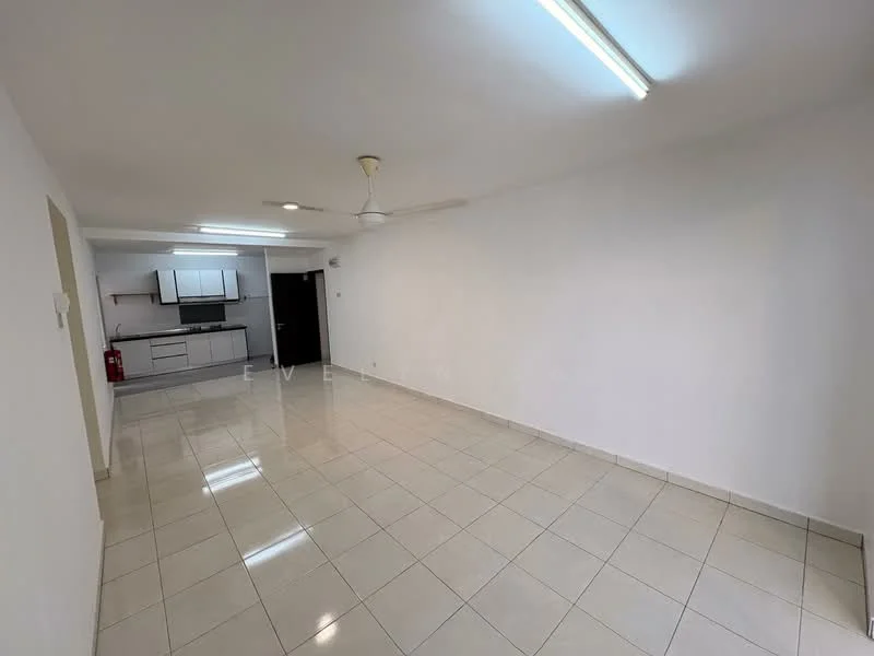 Living features: white painted walls, glossy ceramic tile flooring, ceiling fan, recessed lighting, open layout to kitchen, fire extinguisher visible, large space with no furniture, neutral color scheme; style: modern. Kitchen features: white cabinetry, black countertop, built-in kitchen appliances, open layout to living area; style: modern.