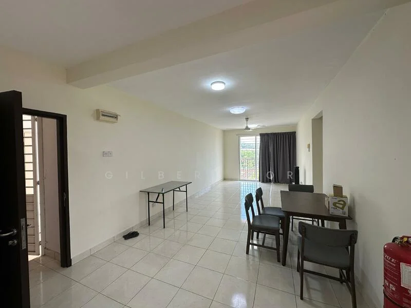 Living features: white painted walls, polished ceramic tile flooring, ceiling fan, recessed downlights, large window with sheer curtains, dining table with four chairs, foldable table, fire extinguisher, air conditioning unit; style: modern.