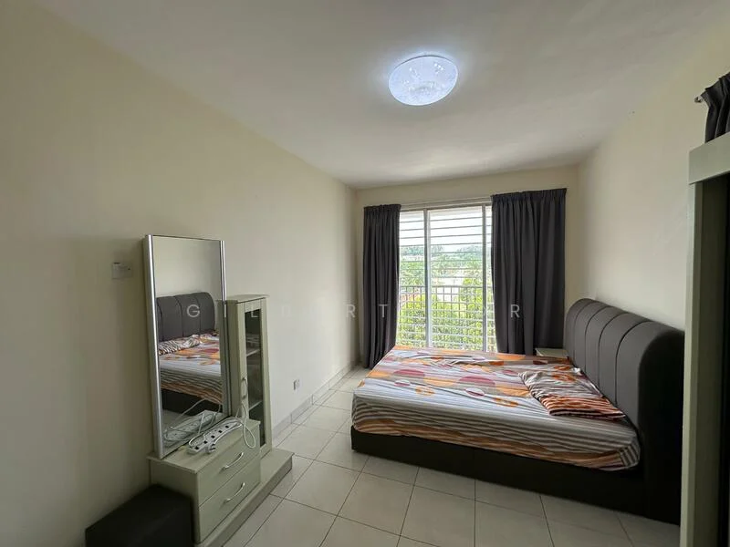 Bedroom features: queen-size bed with patterned bedding, upholstered headboard, floor-to-ceiling window, grey curtains, white painted walls, tile flooring, ceiling light fixture, mirror-fronted wardrobe, decorative wall mirror; style: modern; view: garden.