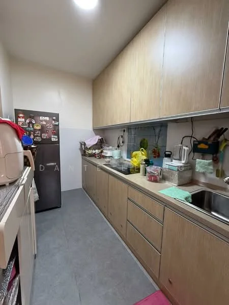 Kitchen features: light wood cabinetry, grey tiled flooring, stainless-steel sink, single-bowl stainless-steel sink, chrome faucet, built-in refrigerator, countertop with storage drawers, wall-mounted cabinets, kitchen appliances on countertop, magnetic knife holder, various containers and utensils, white tiled backsplash; style: modern.