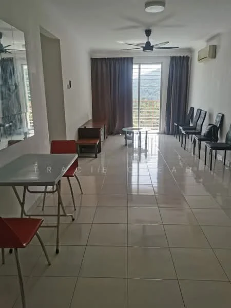 Living features: white painted walls, glossy tile flooring, 5-blade ceiling fan with light, large sliding glass door, floor-to-ceiling windows, curtains in dark brown, dining table with metal legs and white top, 4 black dining chairs, wooden sideboard, decorative mirror, air conditioning unit on wall; style: modern; view: mountain.