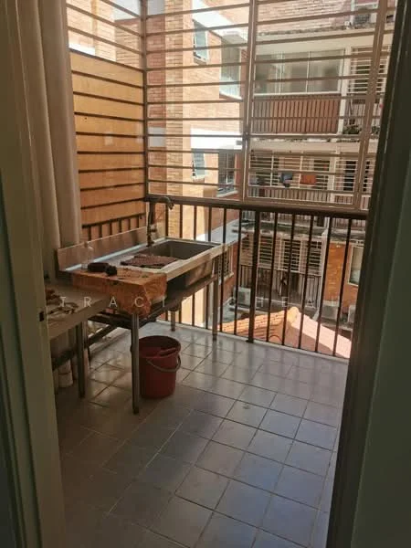 Room features: tiled flooring, metal railing, wooden slatted wall, sink, table, bucket, natural light from windows, open balcony layout; style: modern; view: courtyard.
