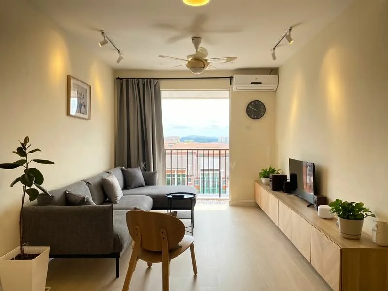 Living features: 3-seater fabric sofa in grey, coffee table, TV console, wall-mounted TV, ceiling fan, recessed LED downlights, floor-to-ceiling windows, curtains, light-colored wood flooring, decorative wall clock, indoor plant in pot, wooden side table; style: modern; view: city.