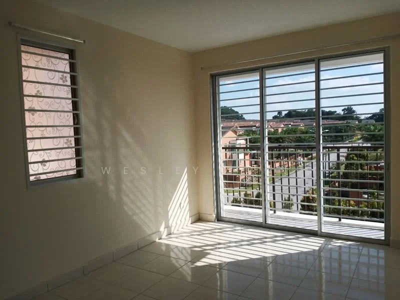 Room features: white painted walls, glazed tile flooring, floor-to-ceiling windows, sliding glass door, window with decorative sheer curtains, horizontal metal window grills, natural light casting shadows on the floor; style: modern; view: garden.