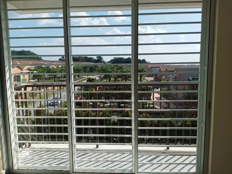 Room features: sliding glass door, horizontal louvered window, view of landscaped area, view of palm trees, view of residential buildings, natural light, white walls, concrete flooring; view: garden.