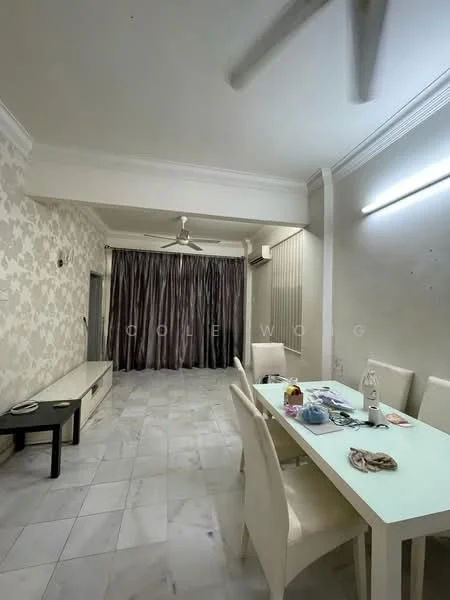 Dining features: white marble flooring, grey floral wallpaper, ceiling with crown moulding, 5-blade ceiling fan, dining table with light green top, 4 upholstered dining chairs in cream, wall-mounted light fixture, curtains in dark grey; style: modern.