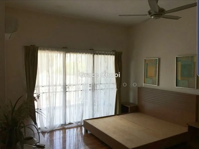 Bedroom features: wooden flooring, white painted walls, 5-blade ceiling fan, floor-to-ceiling windows, sheer curtains, framed artwork, bed with wooden headboard, nightstand; style: minimalist; view: garden.