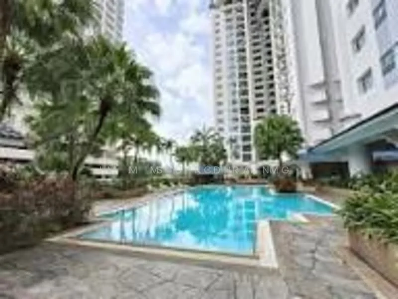 Exterior type: high-rise condominium; features: infinity pool, pool deck with loungers, tropical landscaping, palm trees, stone-paved walkway, surrounded by high-rise buildings; style: modern.