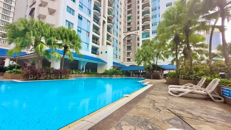 Exterior type: high-rise condominium; features: infinity pool, pool deck with loungers, tropical landscaping, palm trees, manicured garden, blue tiled pool, stone-paved walkway, covered seating area, water feature, surrounded by greenery; style: modern.