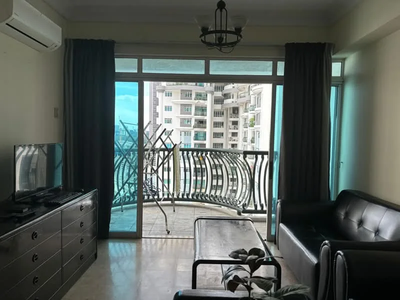 Living features: floor-to-ceiling windows, sliding glass door, blackout curtains, 3-seater leather sofa, coffee table, TV console, wall-mounted TV, marble flooring, ceiling fan, decorative chandelier, plant in ceramic pot; style: modern; view: city. Balcony features: metal railing, outdoor chair, city view; view: city.