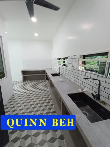 Kitchen features: concrete countertop, double-bowl stainless-steel sink, chrome pull-down faucet, white tiled backsplash, grey geometric patterned flooring, white painted walls, floor-to-ceiling windows, ceiling fan; style: modern; view: garden.