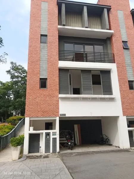 Exterior type: linked terrace house; features: red brick facade, horizontal grey louvre screens, flat roof, ground floor parking area, bicycle storage, manicured landscaping, paved walkway, multiple storeys, large windows, balcony on upper floors; style: modern.