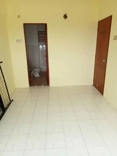 Room features: white painted walls, white tiled flooring, single door, door with handle, light fixture on ceiling, doorway leading to bathroom, doorway leading to another room, open space.