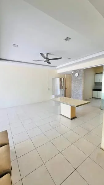 Living features: white painted walls, glossy ceramic tile flooring, 5-blade ceiling fan with light, recessed downlights, large windows, open layout, neutral color scheme, wall clock, built-in cabinetry, column feature; style: modern.