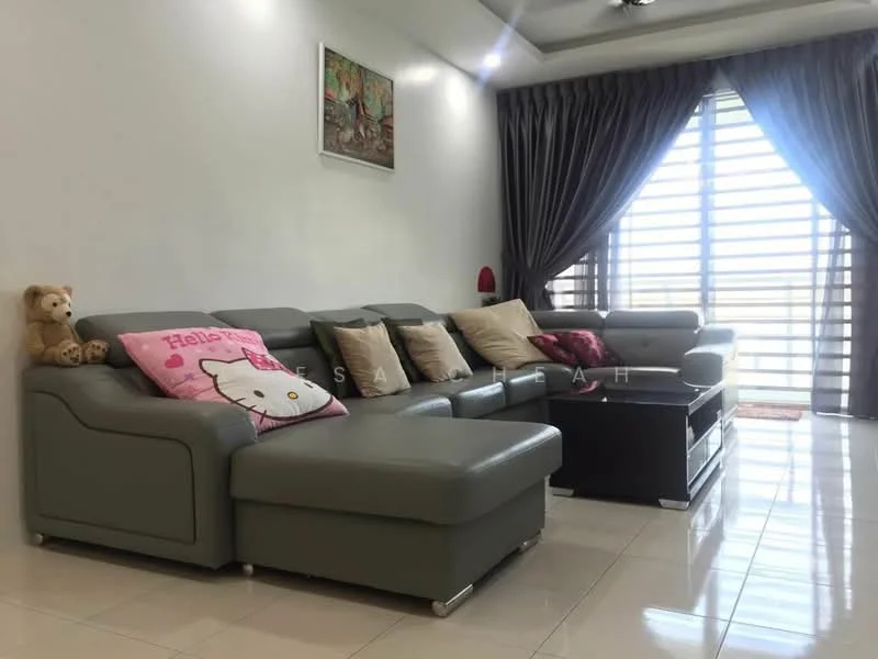 Living features: L-shape sectional sofa in grey, decorative throw pillows, coffee table, wall-mounted artwork, floor-to-ceiling windows, sheer curtains, dark grey curtains, ceramic tile flooring, recessed downlights, wall sconce, teddy bear decor; style: modern.