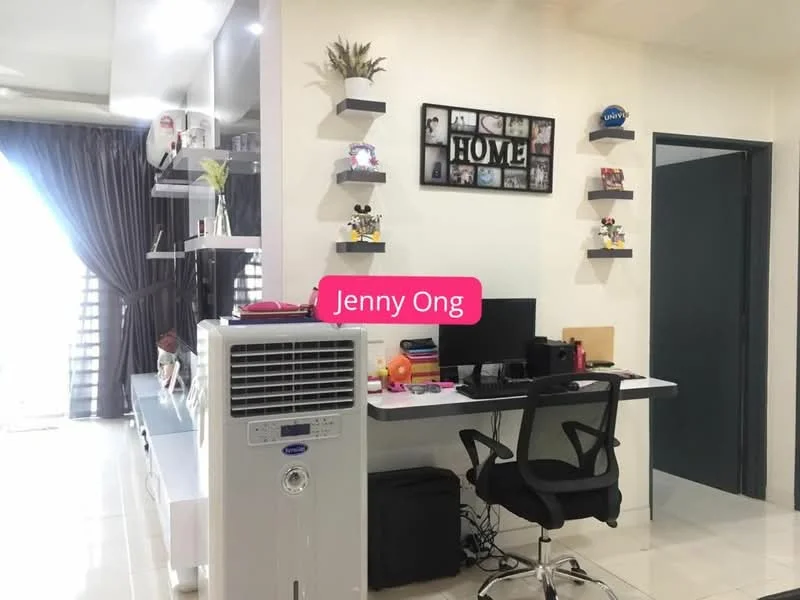 Room features: white painted walls, glossy tile flooring, wall-mounted air conditioning unit, black office chair, white desk with computer setup, shelves with decorative items, dark curtains, black door, decorative wall frame with photos; style: modern.