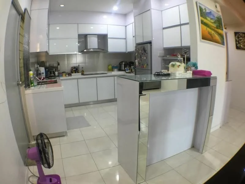 Kitchen features: white glossy cabinets, stainless-steel appliances, built-in oven, stainless-steel range hood, double-bowl stainless-steel sink, chrome pull-down faucet, grey countertop, white tiled backsplash, ceramic tile flooring, recessed downlights, island with mirrored base, kitchen fan; style: modern.