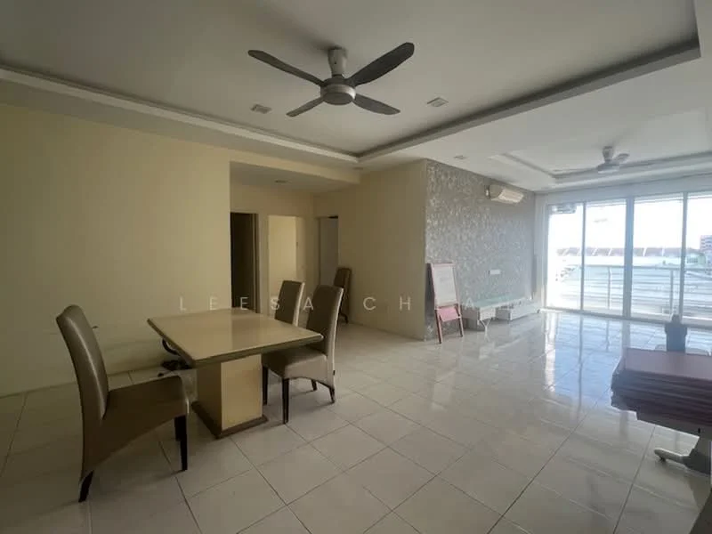 Living features: white painted walls, grey accent wall, polished tile flooring, 5-blade ceiling fan, floor-to-ceiling windows, sliding glass door, dining table with 4 chairs, air conditioning unit, natural light from windows, open layout; style: modern; view: city.