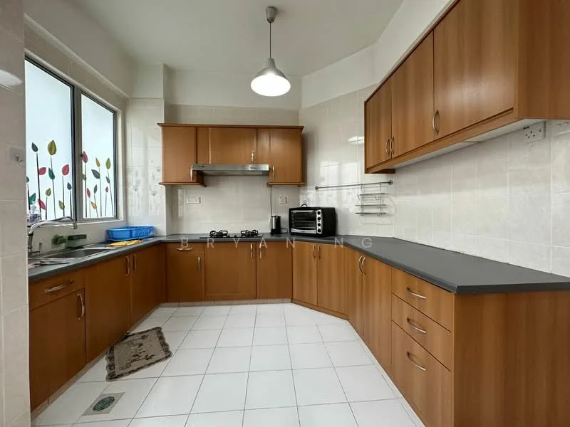 Kitchen features: brown wooden cabinetry, grey laminate countertop, single-bowl stainless-steel sink, chrome pull-down faucet, built-in oven, microwave, ceramic tile flooring, white tiled backsplash, recessed downlights, window with floral treatment, kitchen rug, kitchen appliances, wall-mounted shelves; style: modern; view: city.