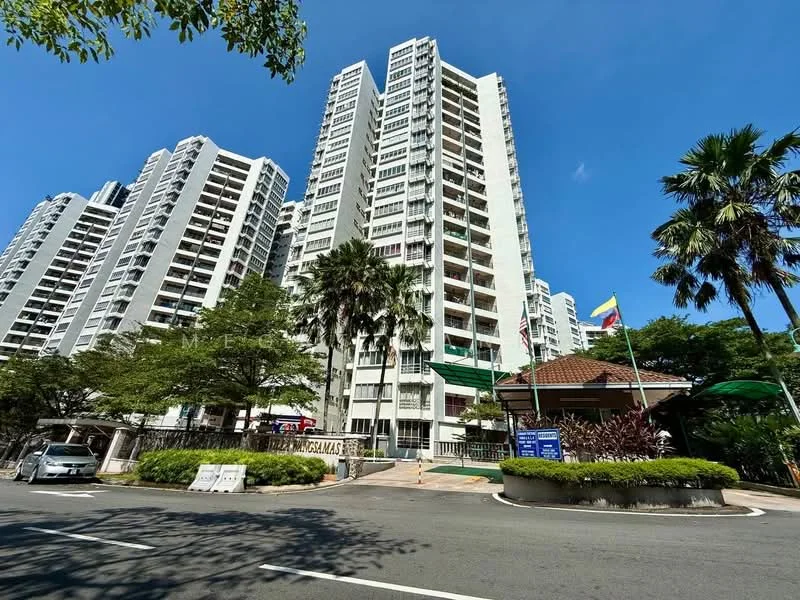 Exterior type: high-rise condominium; features: white painted facade, glass curtain wall, recessed balconies, palm trees, manicured lawn, guard house at entrance, perimeter fence, gated entry, surrounded by mature greenery, multi-storey car park; style: modern.
