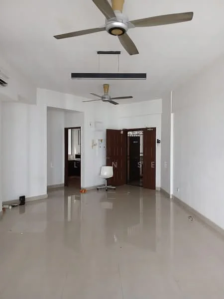 Living features: white painted walls, polished tile flooring, 2 ceiling fans, recessed downlights, double-door entrance, open layout, no visible furniture, neutral color scheme; style: modern.