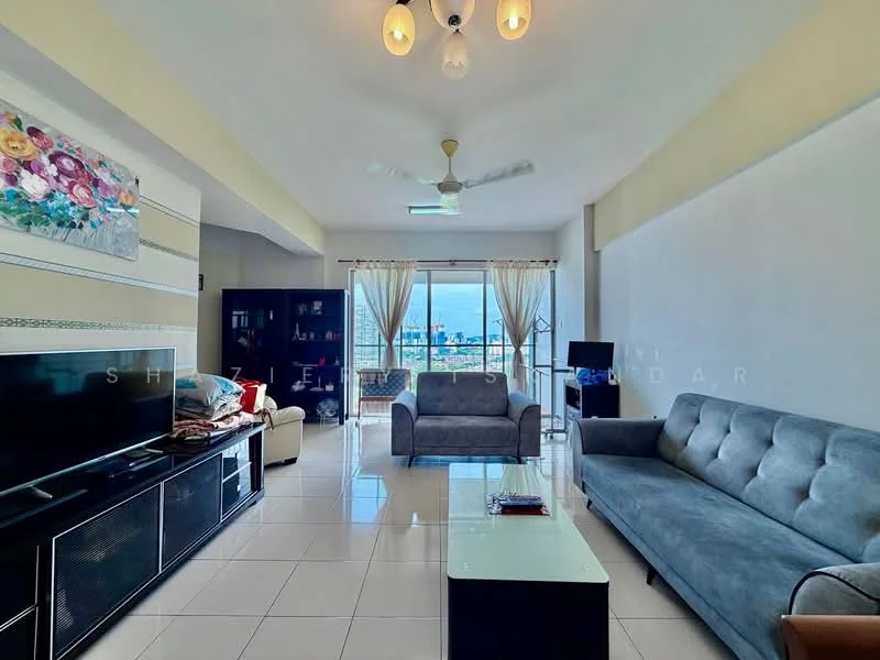 Living features: grey fabric L-shape sectional sofa, 2-seater fabric sofa in cream, glass coffee table, TV console, wall-mounted TV, floor-to-ceiling windows, sheer curtains, ceiling fan with light, white painted walls, glossy tile flooring, decorative wall art, area rug; style: modern; view: city.